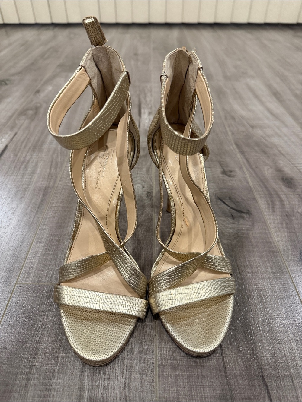 Vince Camuto Metallic Gold Strappy Ankle-Wrap Heels